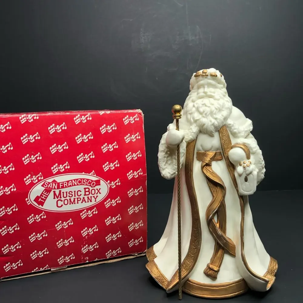 San Francisco Music Box Co Vintage Rare Porcelain Music Box White and Gold Santa